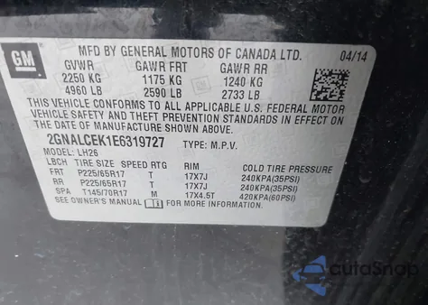 2014 Chevrolet Equinox 2Lt из США, поврежденный, VIN 2GNALCEK1E6319727
